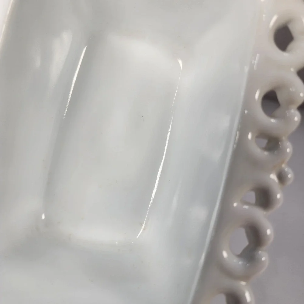 Vintage White Milk Glass Pedestal Bowl Open Lace Edge Ribbed Candy Dish Planter